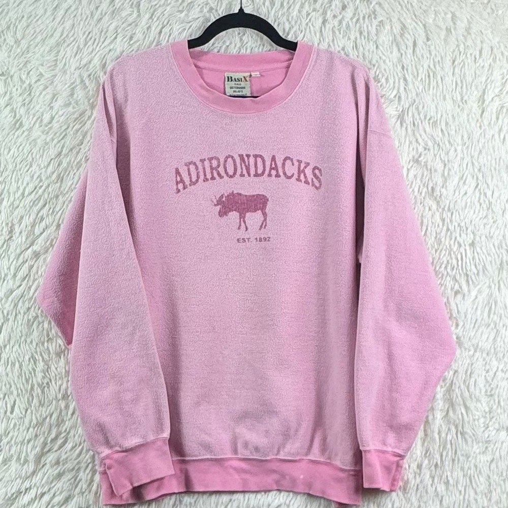 Vintage Basix USA Adirondacks Reversible Pink Sweatshirt Large Moose